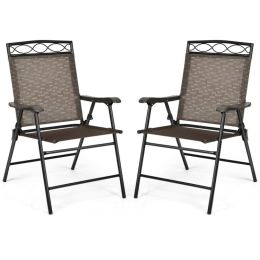 Set of 2 Patio Folding Chairs Sling Portable Dining Chair Set with Armrest