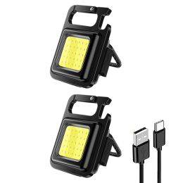 Mini LED Pocket FlashLight Mutifuction Work Light Lamps Waterproof USB Rechargeable COB Keychain Light for Outdoor Camping (Emitting Color: 2Pcs)