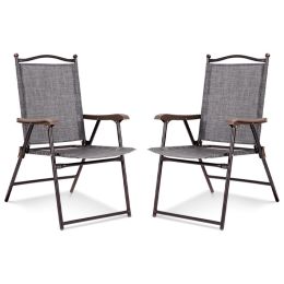 Set of 2 Patio Folding Sling Back Camping Deck Chairs (Color: Gray)